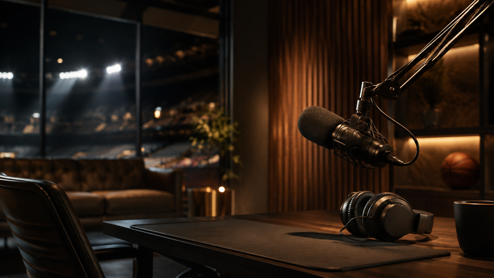 Podcast studio overlooking a sports arena